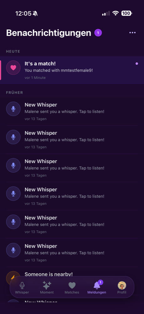 The notifications screen with match and whisper alerts